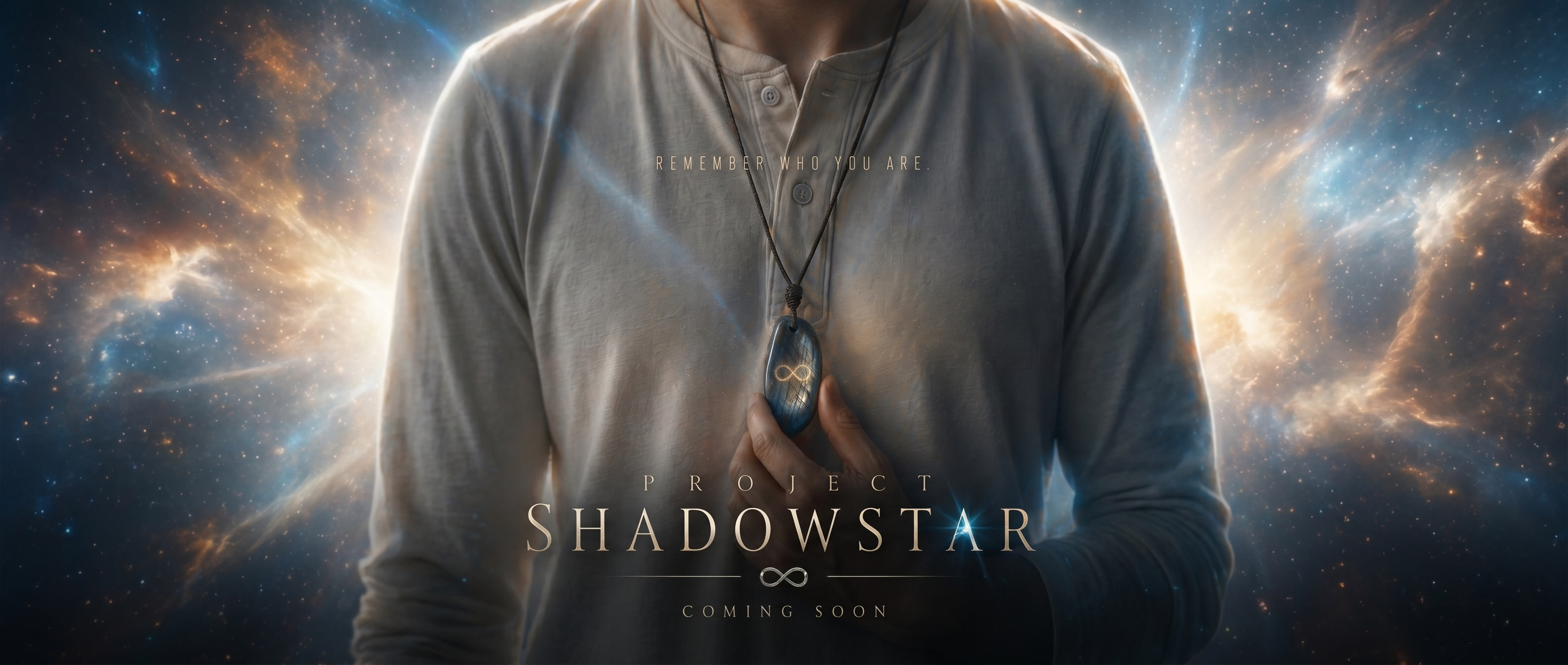 Project Shadowstar key art: REMEMBER WHO YOU ARE, a man with a glowing pendant against the cosmos, coming soon