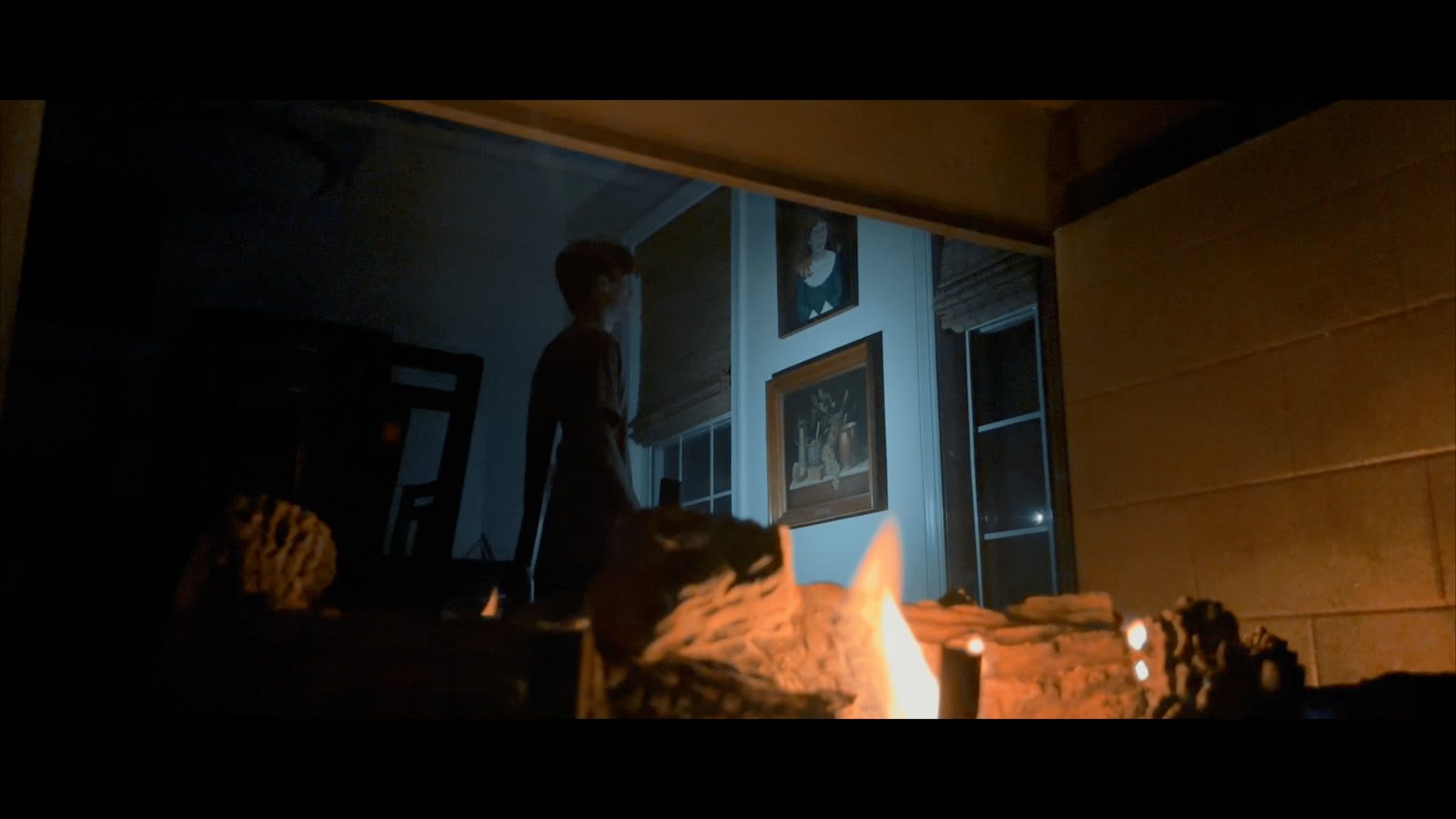 The Paintings — a figure in a dim room seen through a fireplace, framed pictures on the wall
